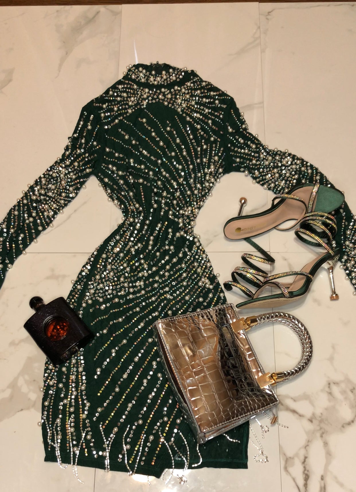 Anabelle Hunter Green Long Sleeve Beaded Dress