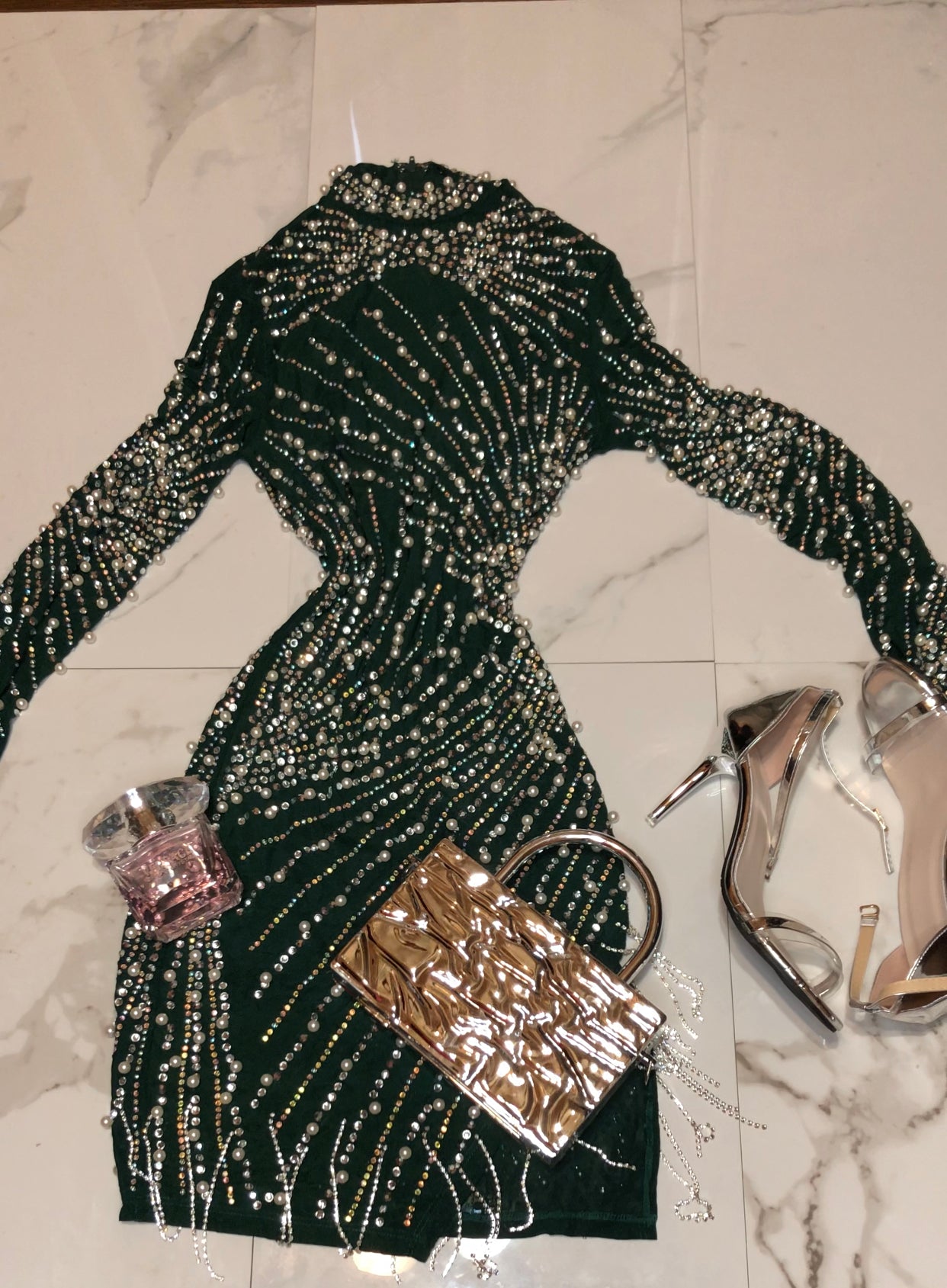 Anabelle Hunter Green Long Sleeve Beaded Dress