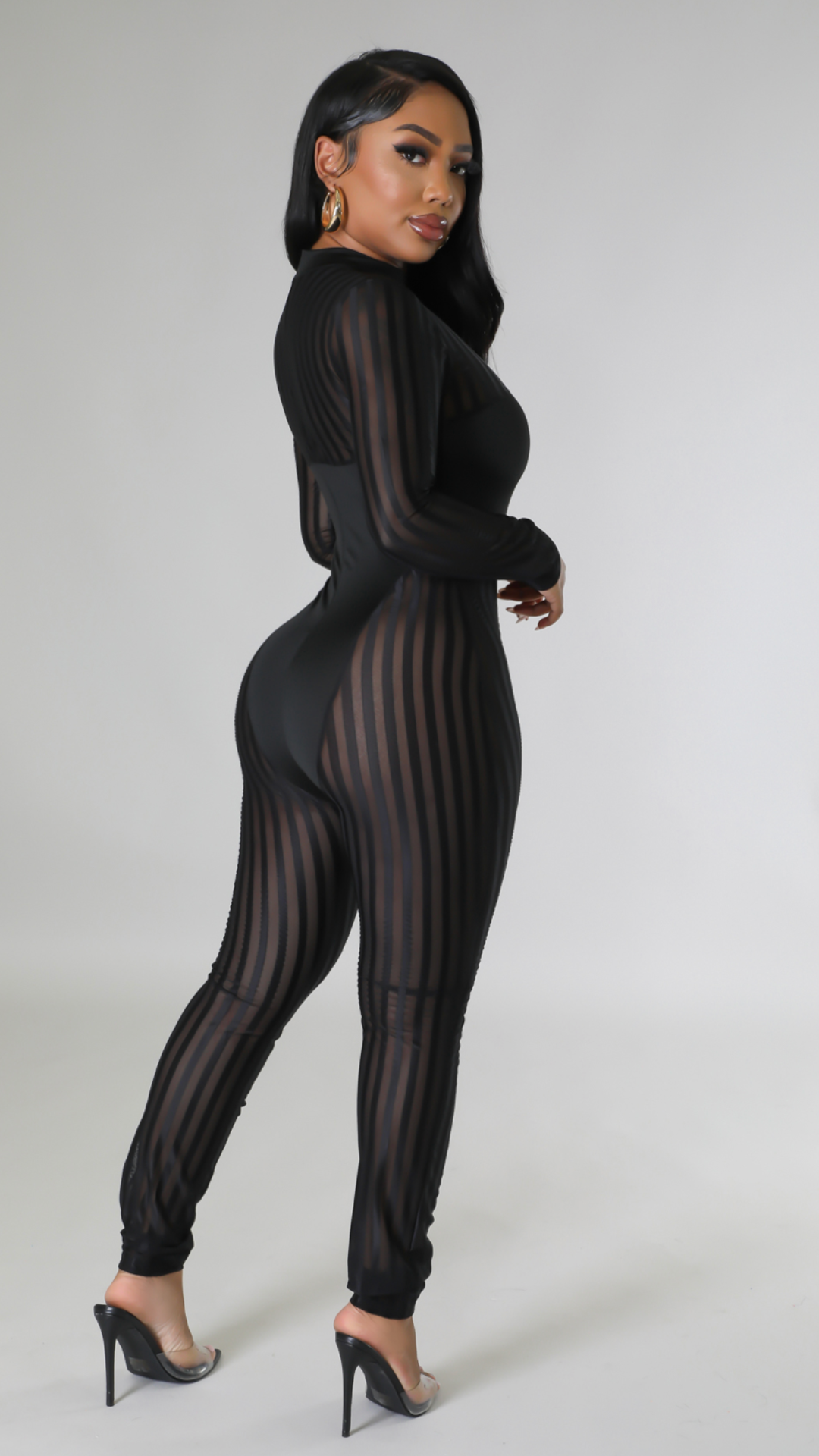 Danica Black sheer stripped jumpsuit