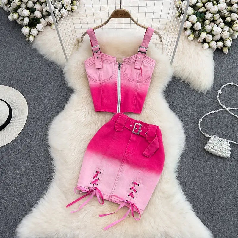 Brooke Pink Denim skirt set