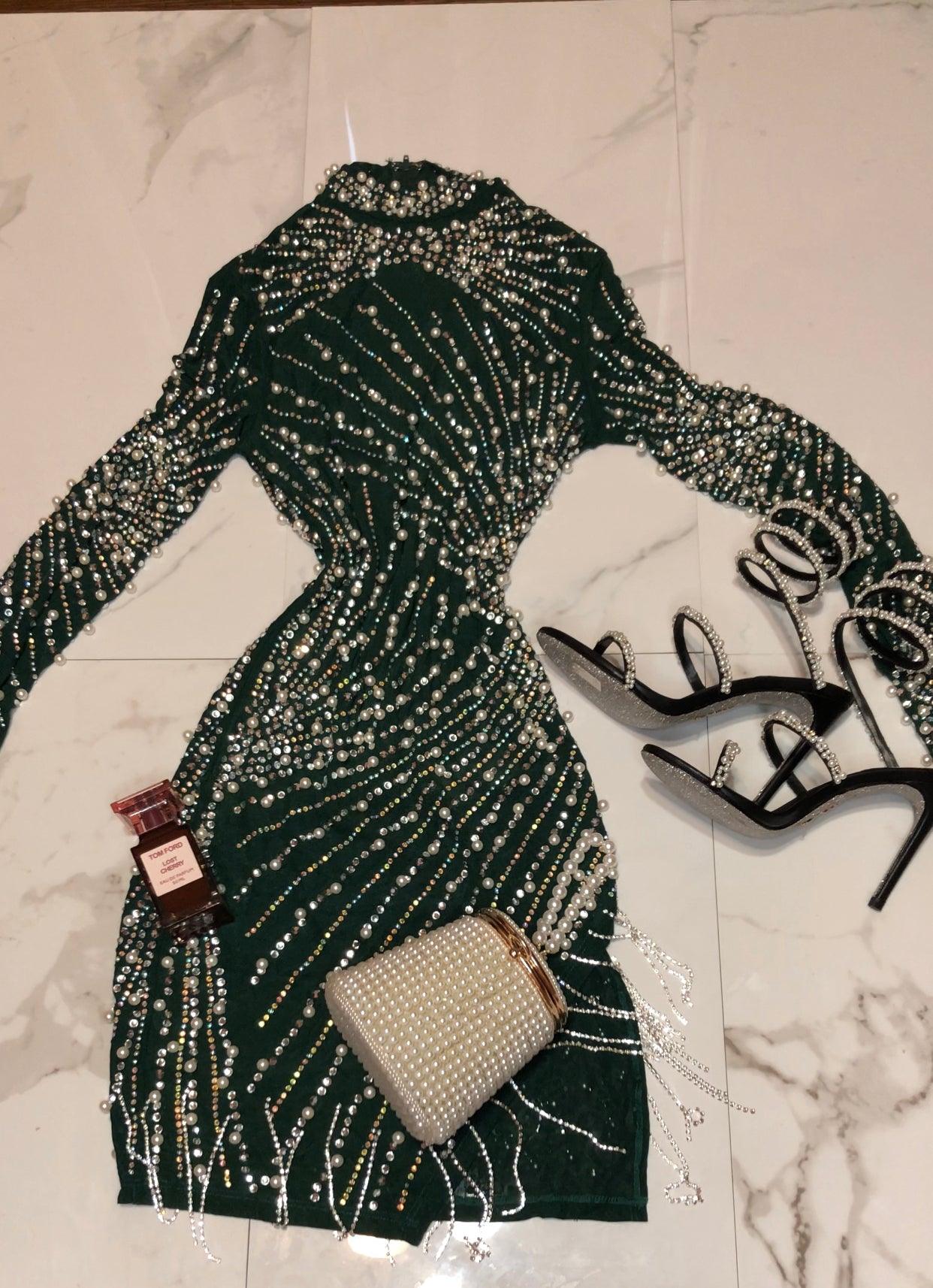 Anabelle Hunter Green Long Sleeve Beaded Dress