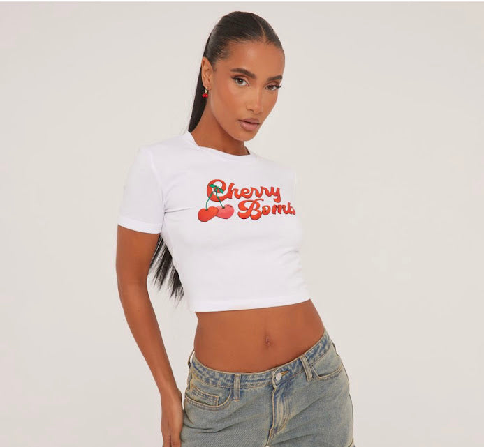 Cherry Bomb White Crop Top Tshirt