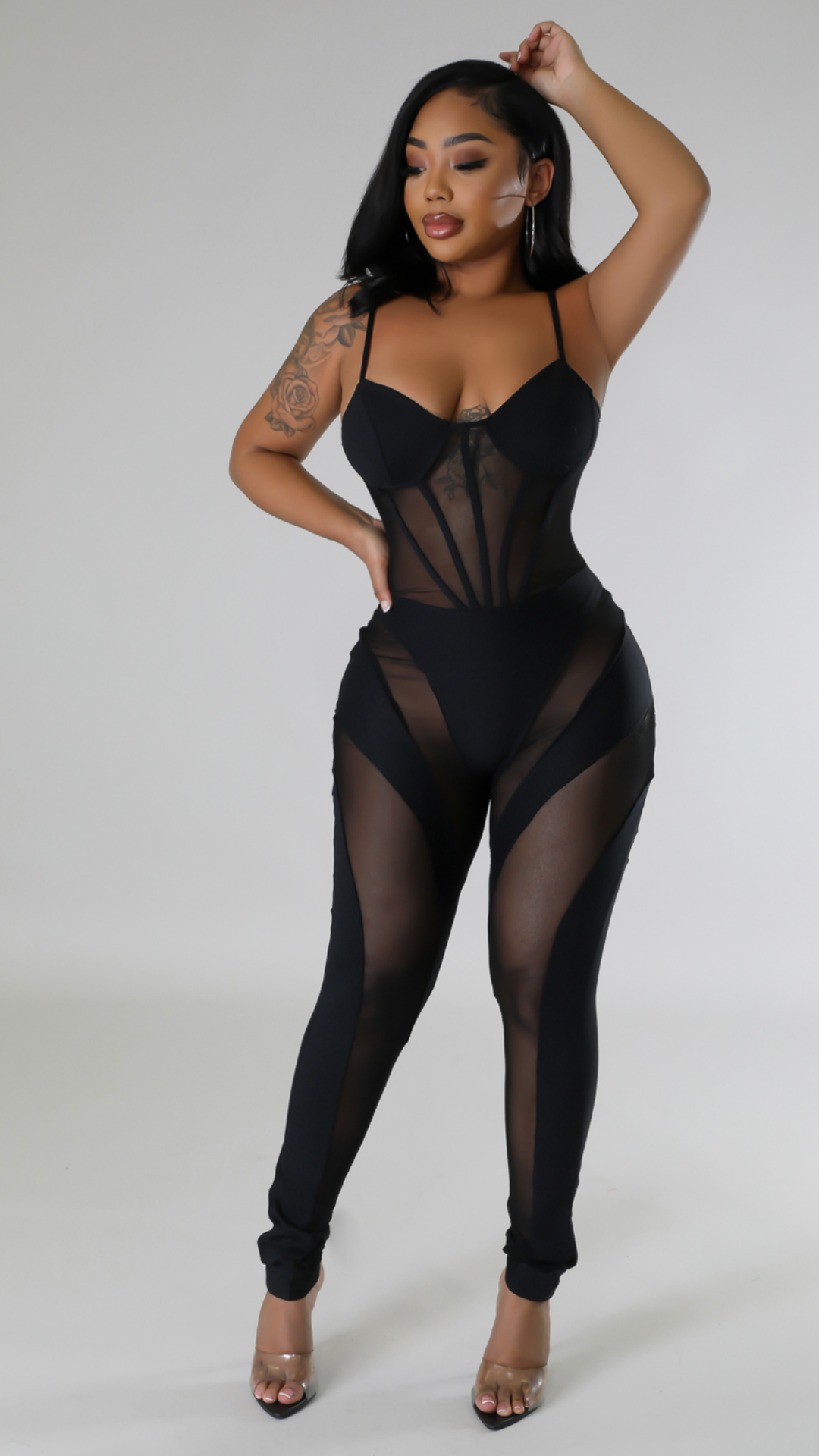 Ava black mesh sleeveless jumpsuit