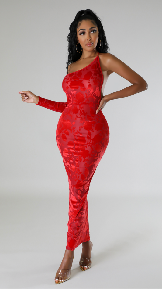 Cindy Red one sleeve maxi dress