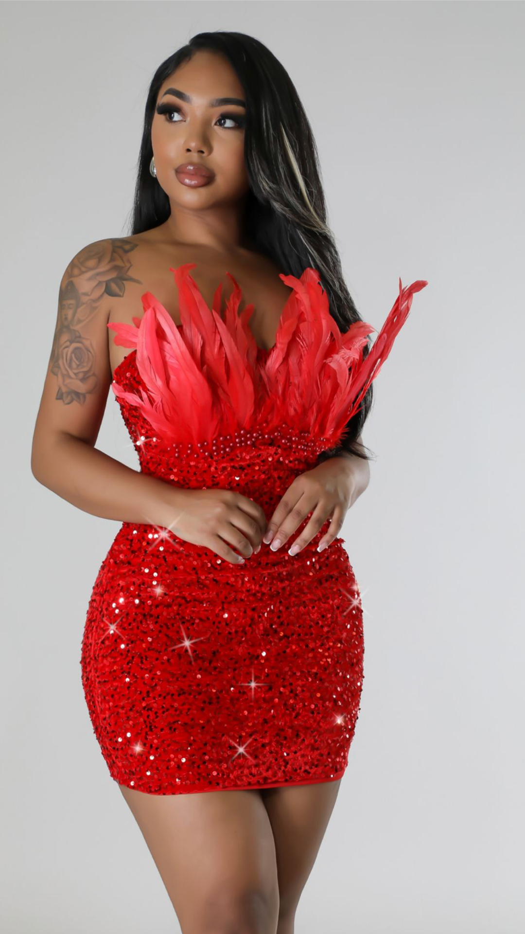 Dana Red sequin feathers mini dress