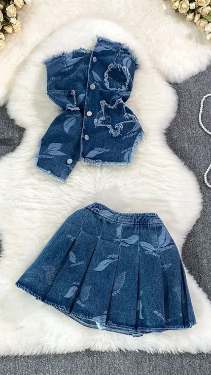 Clair denim jean two piece skirt set