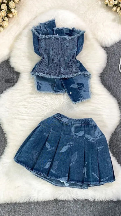 Clair denim jean two piece skirt set