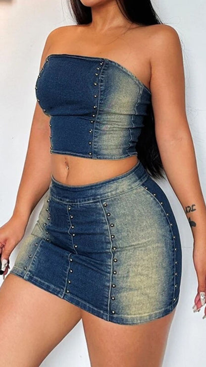 Alana Denim ombre skirt set