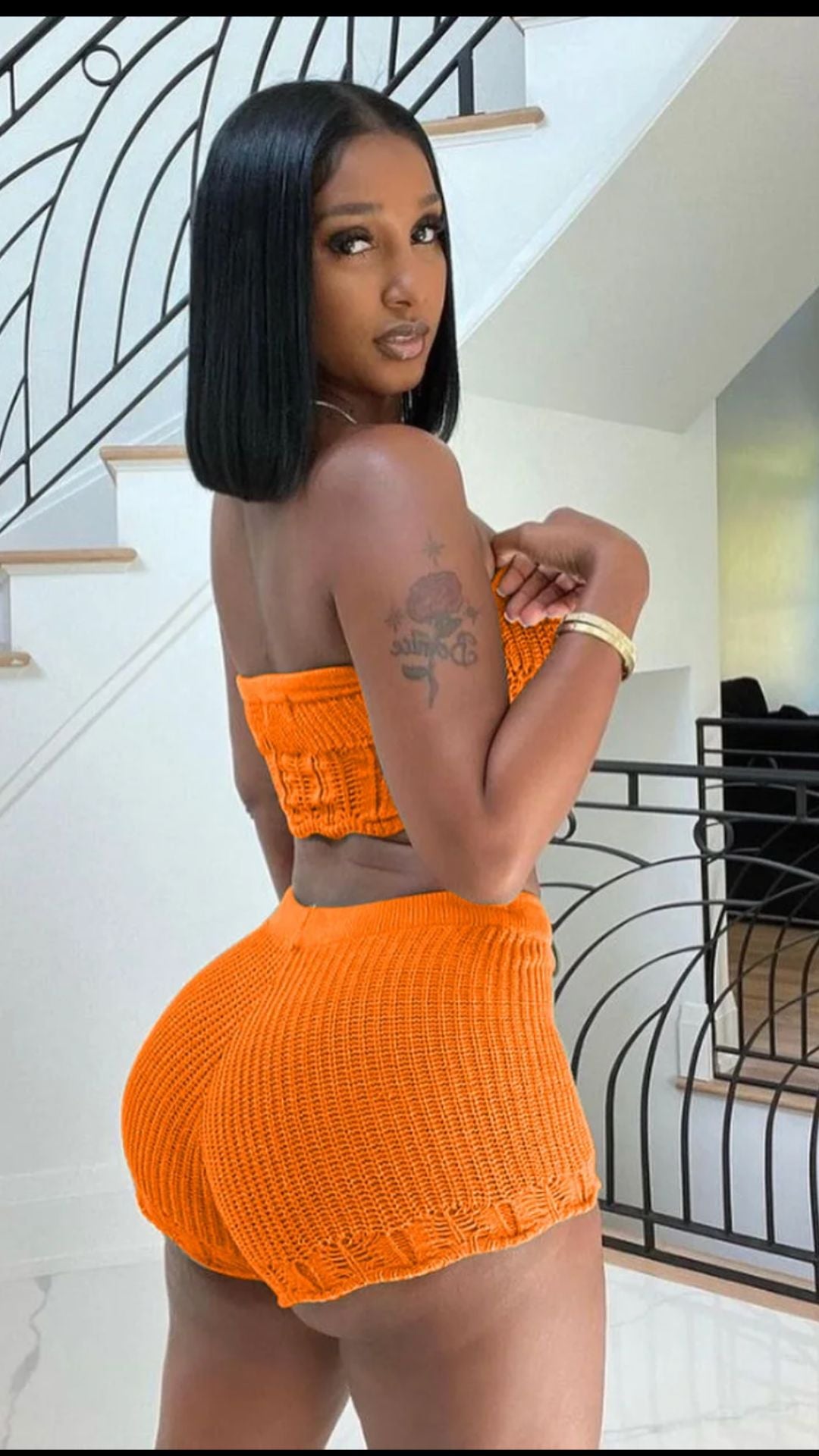 FeFe orange knit crochet shorts set