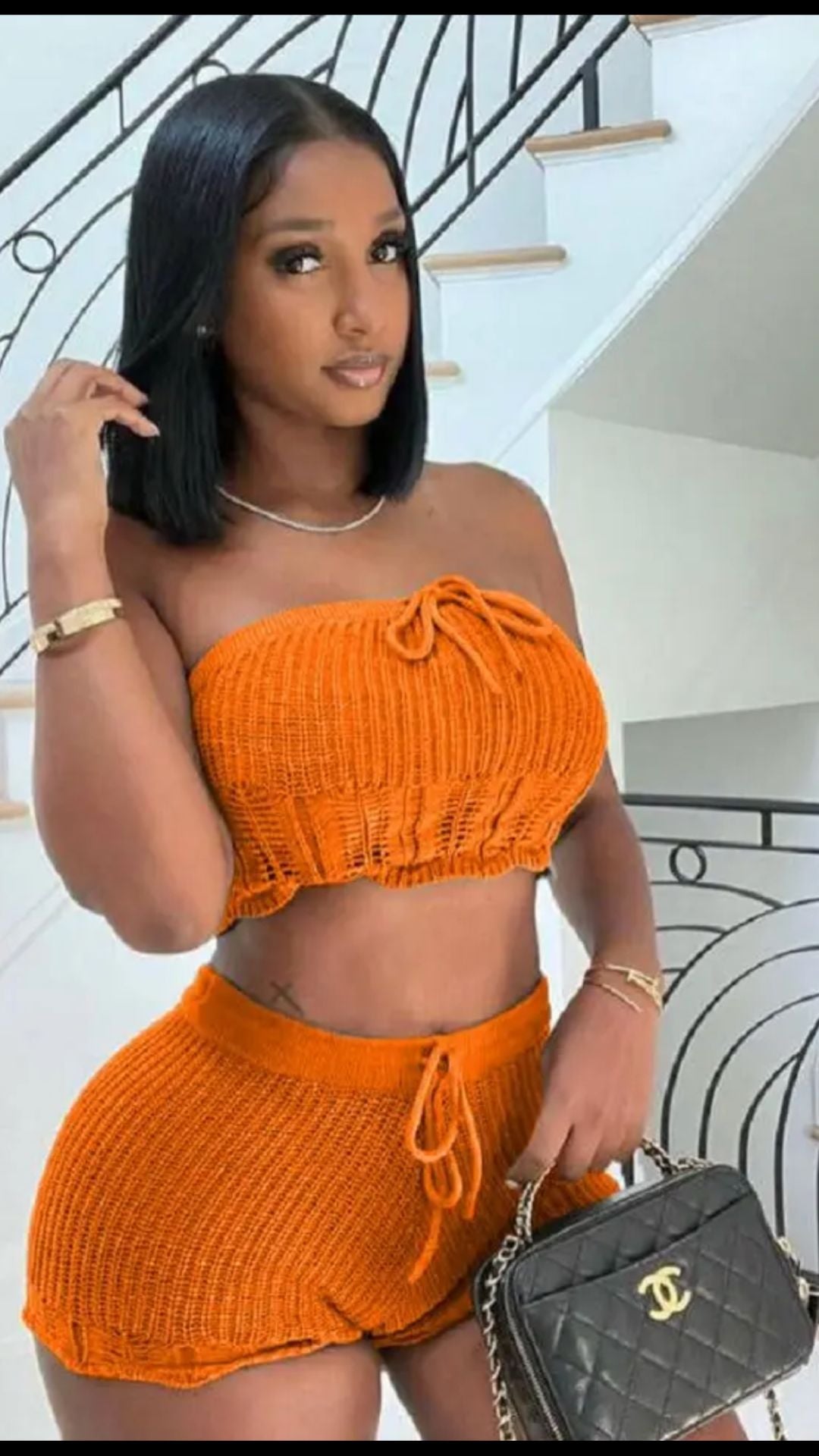 FeFe orange knit crochet shorts set