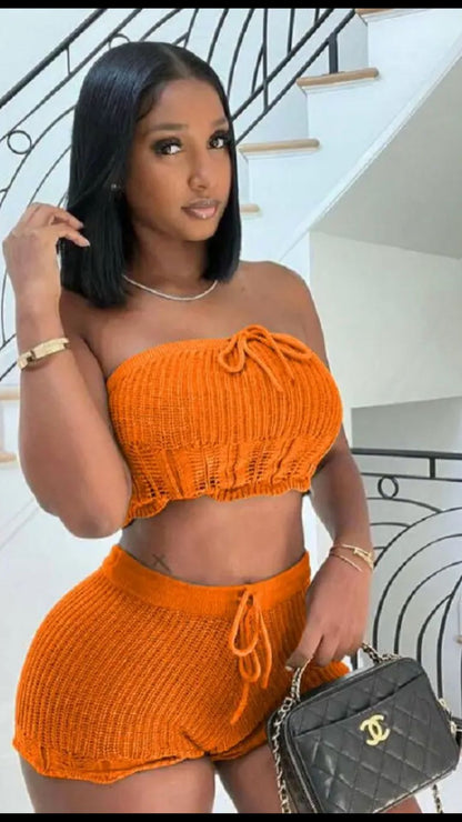 FeFe orange knit crochet shorts set