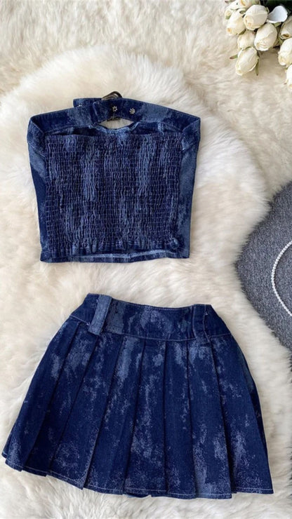 Acacia two piece denim skirt set dark wash